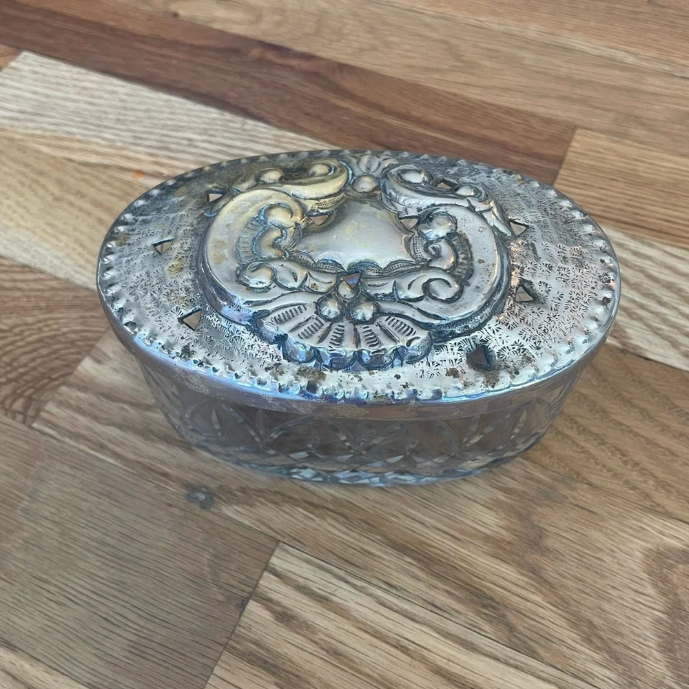 Antique Crystal Trinket Vanity Jar with detailed silver top